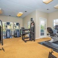 A spacious home gym with a variety of exercise equipment.