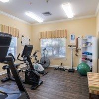 A home gym with a treadmill, exercise bike, and weights.