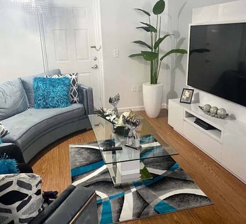 A living room with a grey couch, a glass coffee table, and a television.