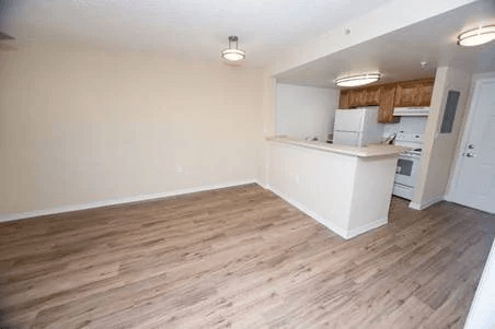 A kitchen area with a counter and cabinets.