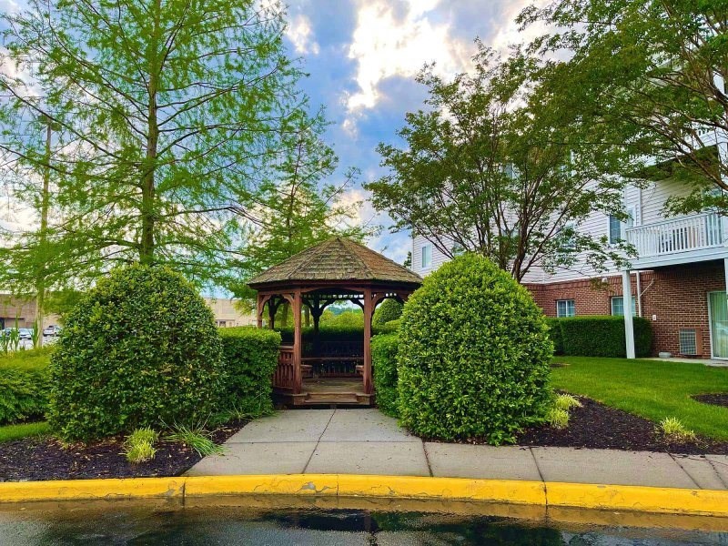 a gazebo in a yard with trees and bushes at Greenbrier Seniors Apartments, Chesapeake, VA  