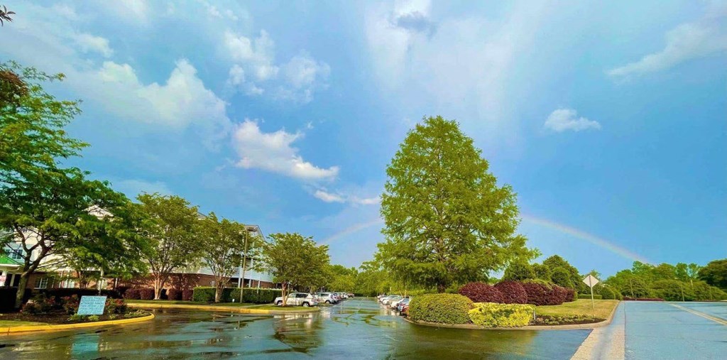 a rainbow in the sky over a flooded street with trees and bushes at Greenbrier Seniors Apartments, Virginia  