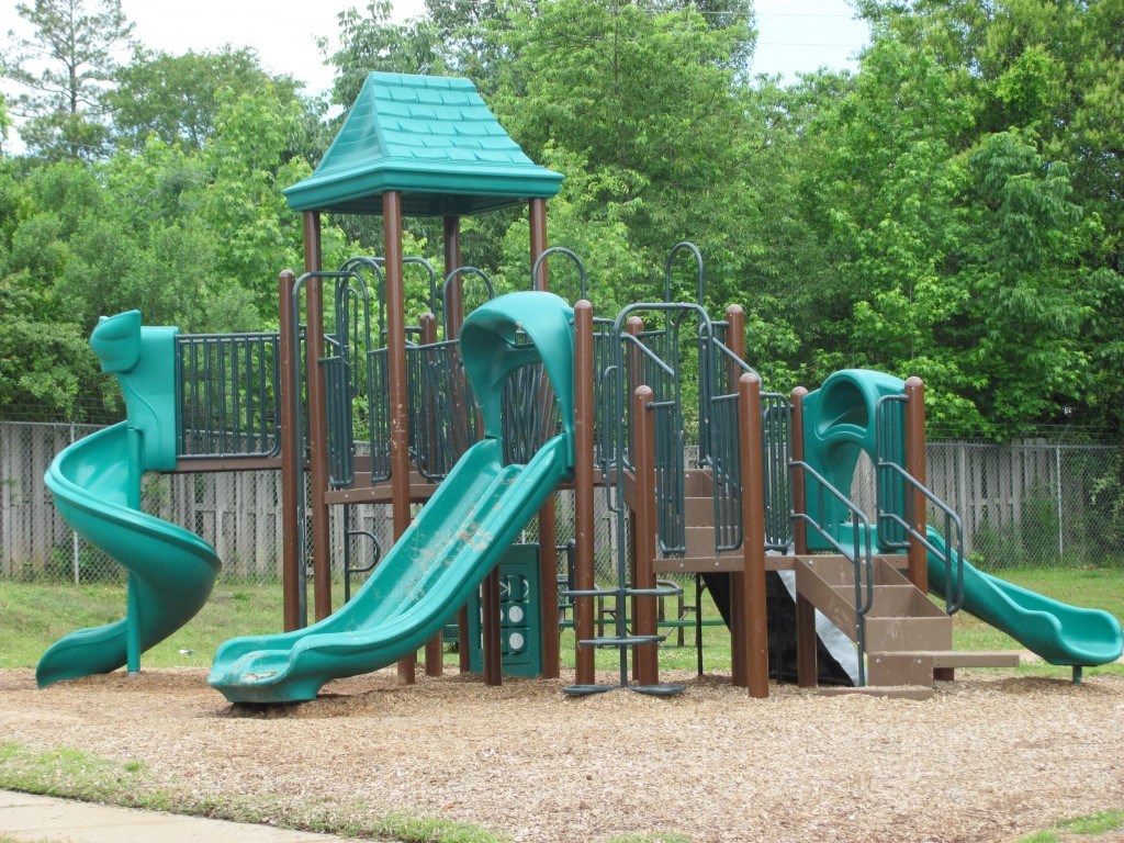 a playground with two slides and a playset