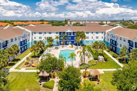 A large swimming pool is surrounded by palm trees and a resort-style building.
