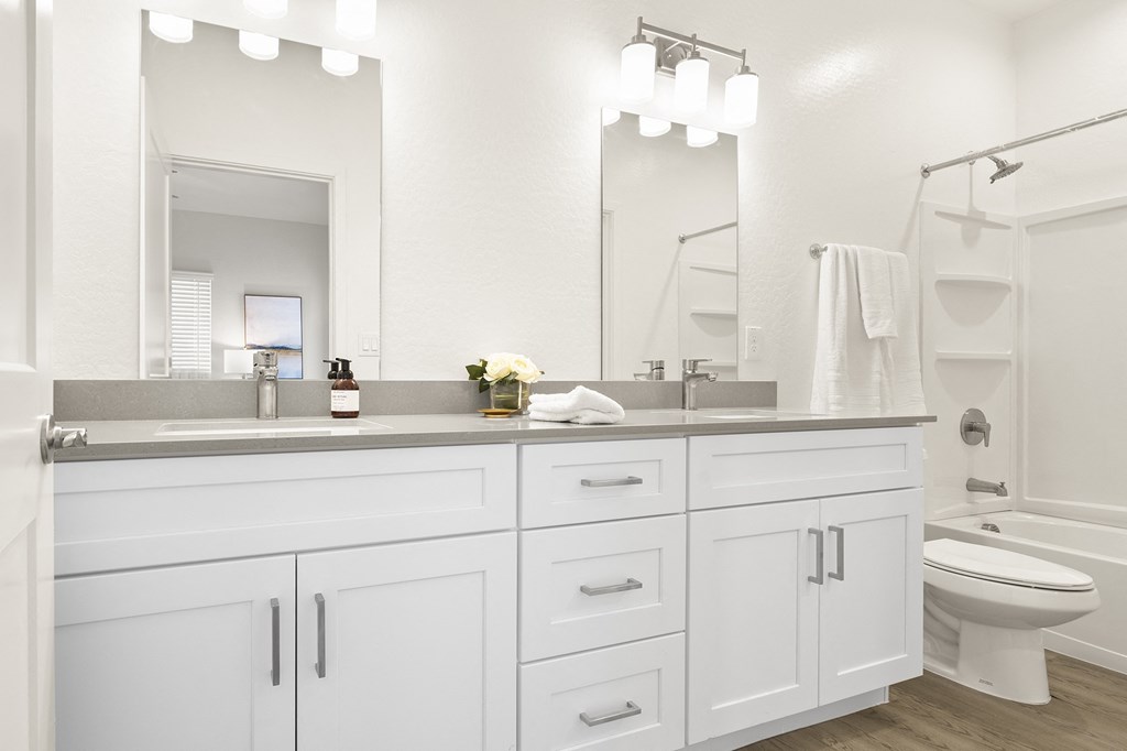 a bathroom with white cabinets and a sink and a toilet