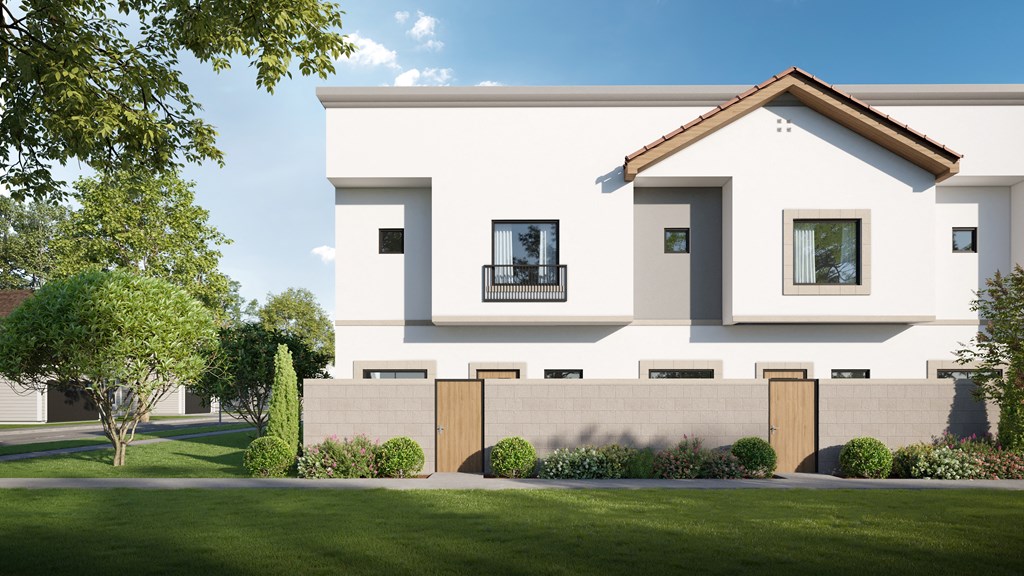 a rendering of a white house with a driveway and a fence