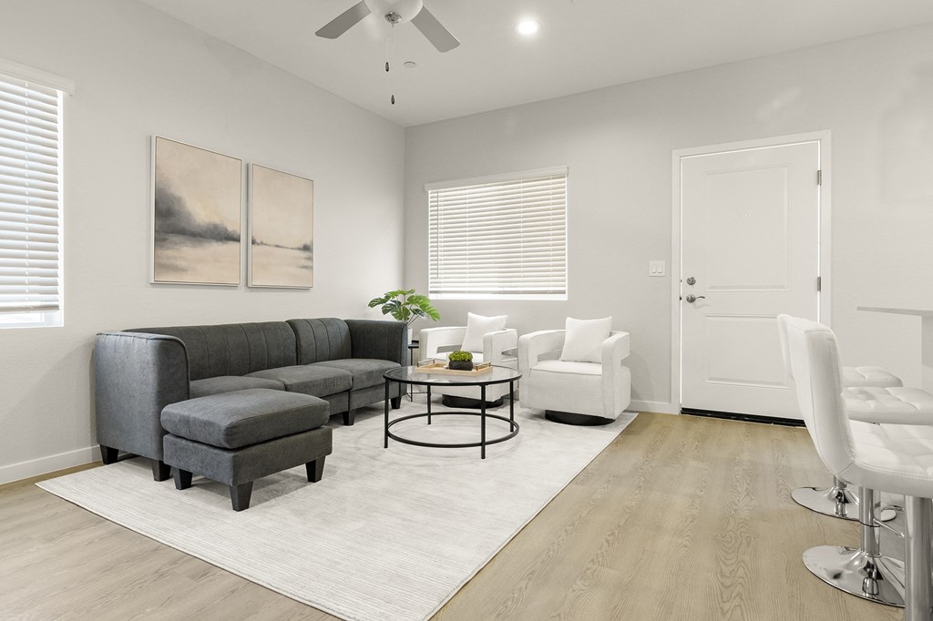 a living room with a gray couch and a white rug