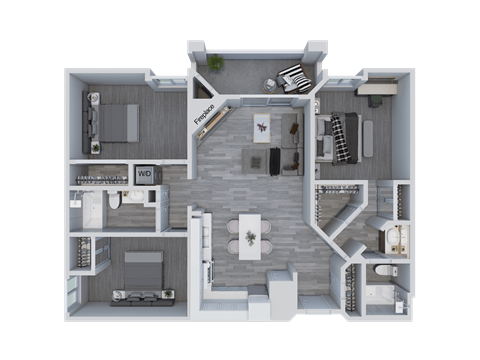 a 3d floor plan of a 2100 sq ft apartment