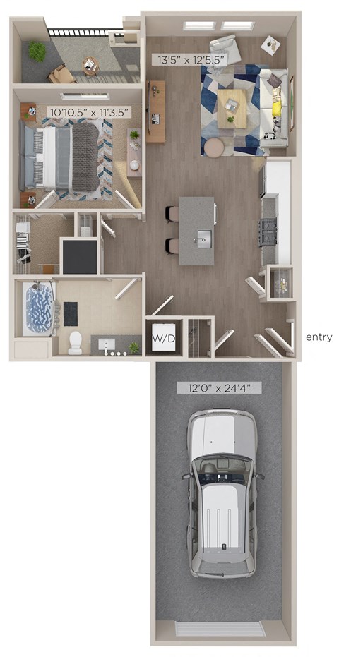 a stylized floor plan with a car in the garage