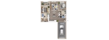 a stylized floor plan of a house with a car parked