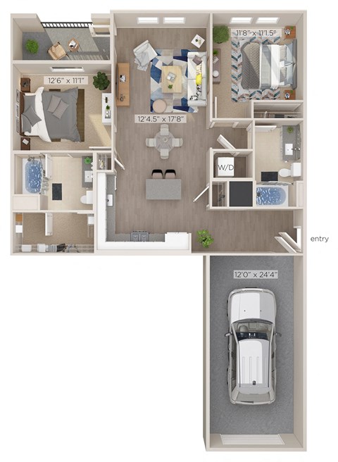 a stylized floor plan of a house with a car parked