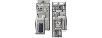 A cutaway diagram of a house showing the interior layout.