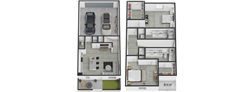 two layouts of a house and a car in the floor plan
