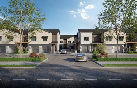 Front view of Canyon Townhomes featuring modern two-story residences with attached garages, manicured landscaping, and tree-lined driveways under a clear blue sky