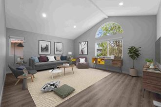 a rendering of a living room with grey walls and a large window