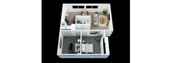 a small apartment with a bedroom and a living room