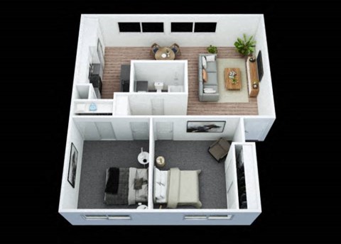 a small apartment with a bedroom and a living room