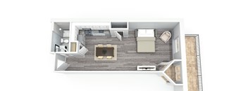 A top-down view of a modern living room with a grey stone wall and a central fireplace.