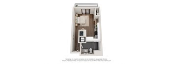 A 3D floor plan of a small apartment with a kitchen, living room, and bathroom.