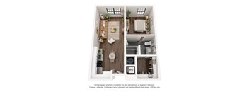 A 3D floor plan of a small apartment with a kitchen, living room, and bathroom.