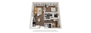 A 3D floor plan of a small apartment with a living room, kitchen, and bedroom.