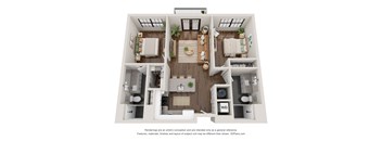 A 3D floor plan of a house with a kitchen, living room, dining room, and bathrooms.