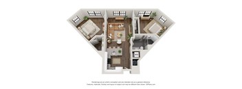 A 3D floor plan of a house with a living room, dining room, kitchen, and two bedrooms.