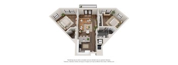 A 3D floor plan of a house with a living room, dining room, kitchen, and bathroom.