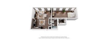 A 3D floor plan of a house with a living room, kitchen, and bedrooms.