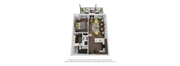a stylized floor plan with a bedroom and a living room