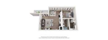 A 3D floor plan of a house with a kitchen, living room, and bathroom.