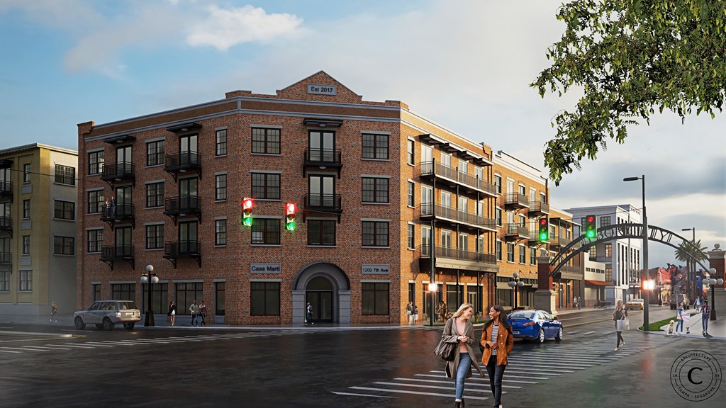 a rendering of a building on the corner of a city street at Casa Marti, Tampa, 33605