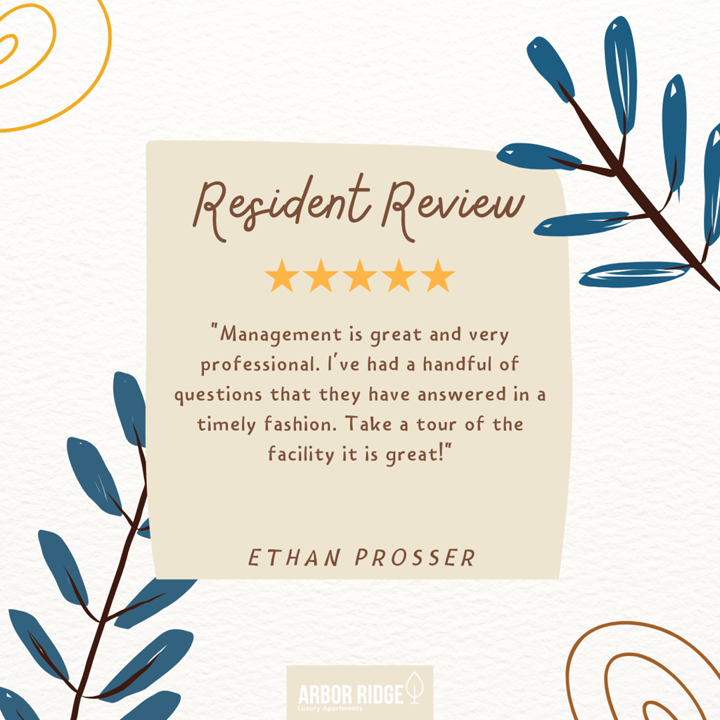 A resident review for Arbor Ridge with a five-star rating and a quote from a satisfied customer named Ethan Prosser.