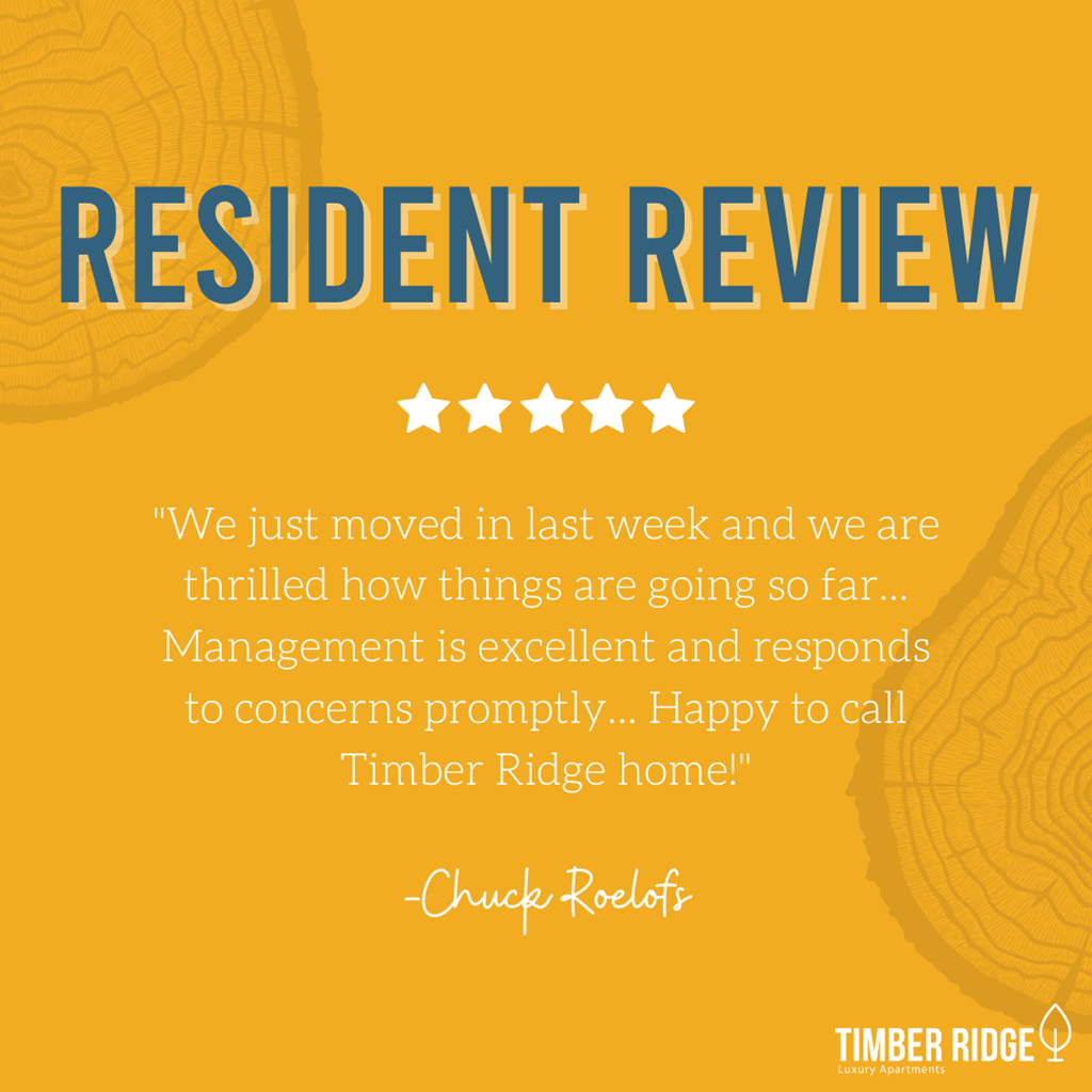 A resident review for Timber Ridge with a five-star rating and a testimonial from a satisfied customer.