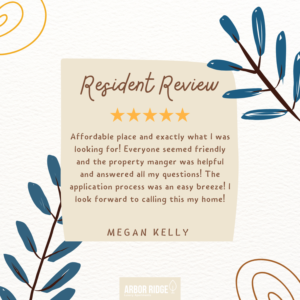 A resident review for Arbor Ridge, a property, is displayed on a beige background with a decorative leafy branch on the left side.