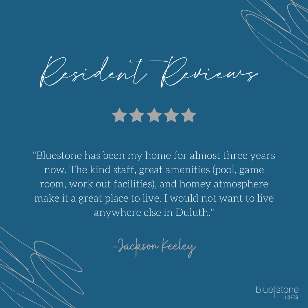 a quote on a blue background with blue lines at Bluestone Lofts, Minnesota, 55803