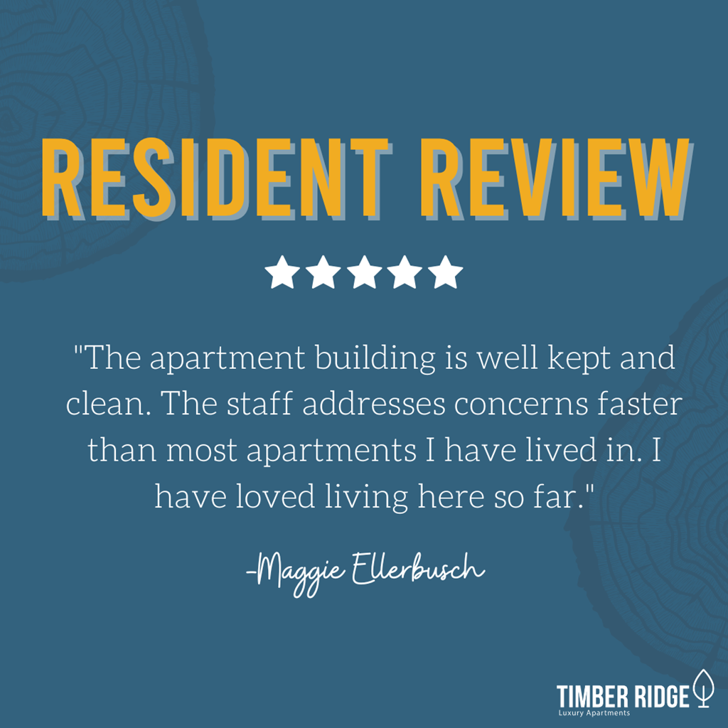 A resident review for Timber Ridge Apartments highlights positive feedback about the cleanliness and responsiveness of the staff.