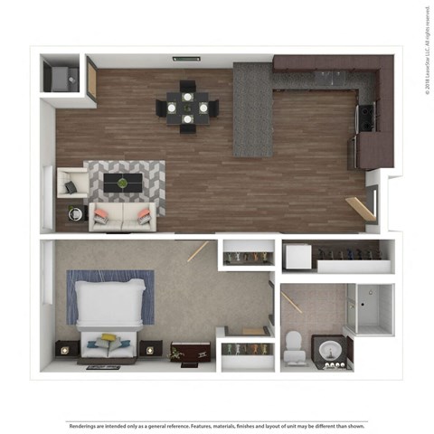 a stylized floor plan with a bedroom and a living room at Bluestone Lofts, Duluth