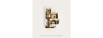 A diagram of a house with a kitchen, living room, and bathroom.