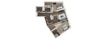 A 3D floor plan of a house with a kitchen, living room, and bathroom.