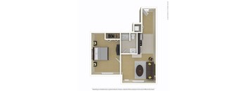 A floor plan of a small apartment with a kitchen, living room, and bathroom at Summit Ridge, Duluth