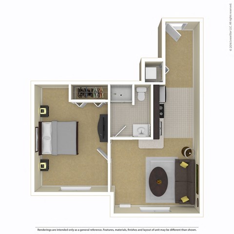 A floor plan of a small apartment with a kitchen, living room, and bathroom.