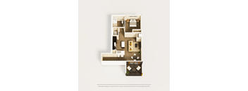 A floor plan of a house with a kitchen, living room, dining room, and two bedrooms.