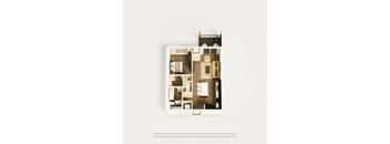 A floor plan of a small apartment with a kitchen, living room, and two bedrooms.