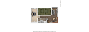 A floor plan of a small apartment with a kitchen, living room, and bathroom.