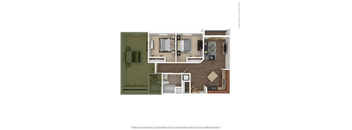 A floor plan of a small apartment with a kitchen, living room, and bathroom.