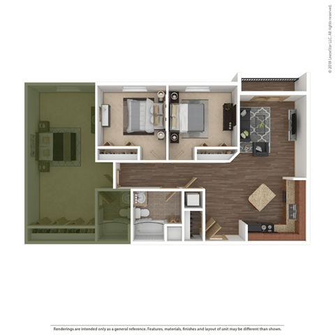 A floor plan of a small apartment with a kitchen, living room, and bathroom.