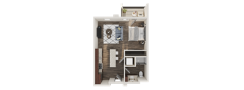 A top-down view of a small apartment with a kitchen, living room, and bedroom.