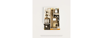 A floor plan of a small apartment with a kitchen, living room, and two bedrooms.