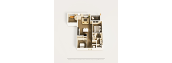 A diagram of a house layout with a kitchen, living room, and bedrooms.